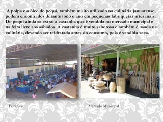 A polpa e o óleo do pequi, também muito utilizado na culinária januarense,
podem encontrados durante todo o ano em pequenas fabriquetas artesanais.
Do pequi ainda se extrai a castanha que é vendida no mercado municipal e
na feira livre aos sábados. A castanha é muito saborosa e também é usada na
culinária, devendo ser reidratada antes do consumo, pois é vendida seca.
Feira livre Mercado Municipal
 
