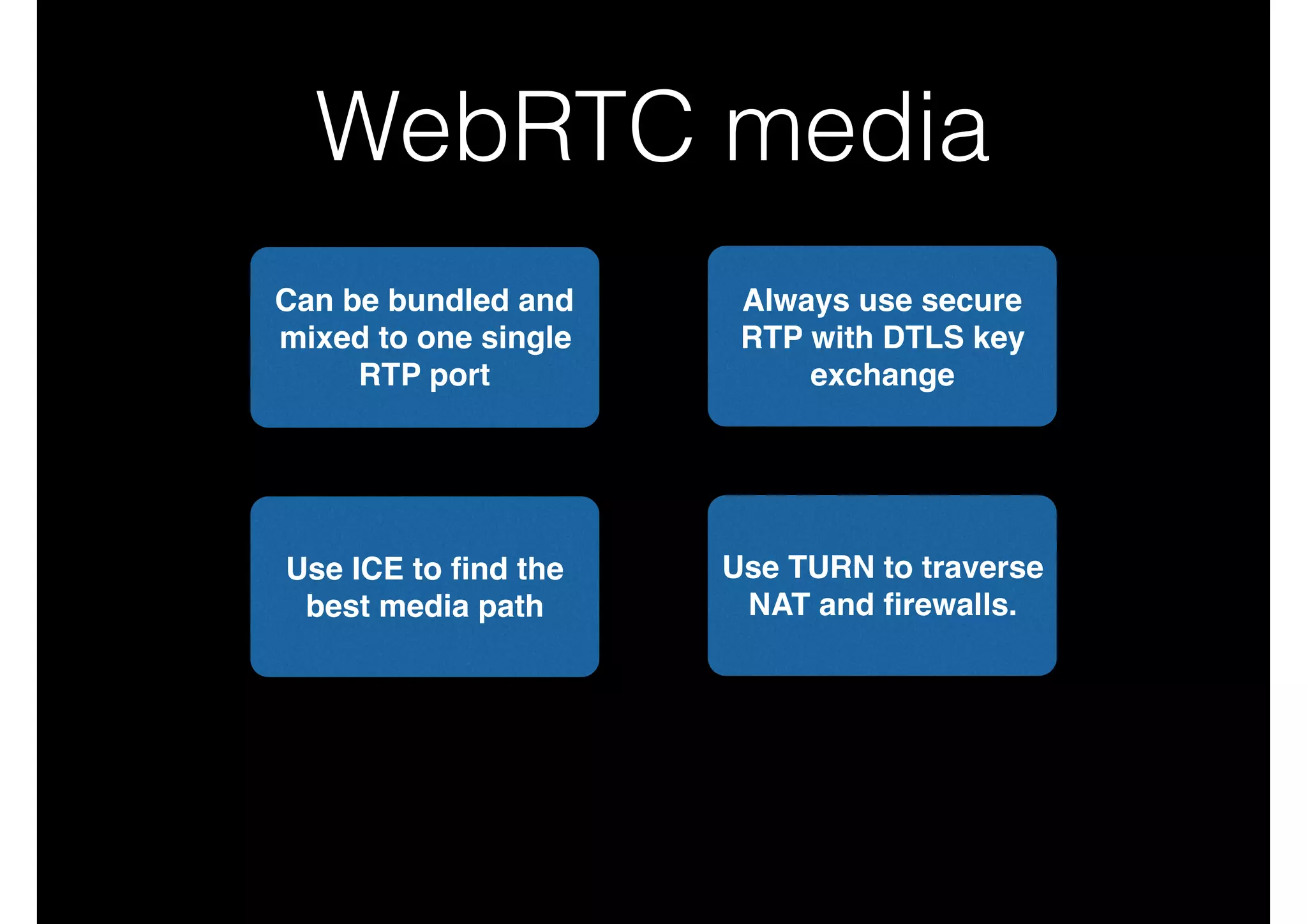 WebRTC media
Can be bundled and
mixed to one single
RTP port
Always use secure
RTP with DTLS key
exchange
Use ICE to ﬁnd the
best media path
Use TURN to traverse
NAT and ﬁrewalls.
 