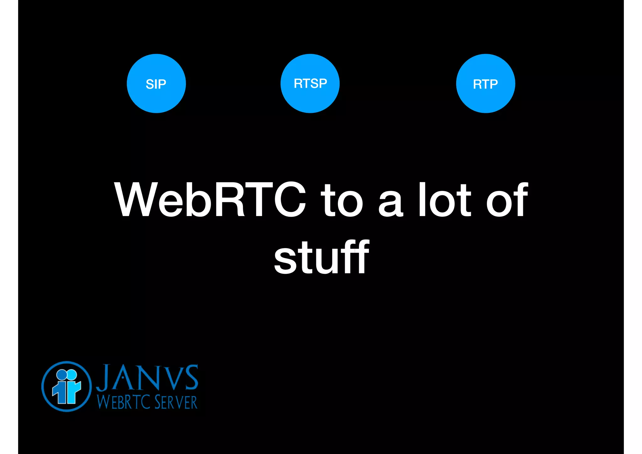 WebRTC to a lot of
stuff
SIP RTSP RTP
 