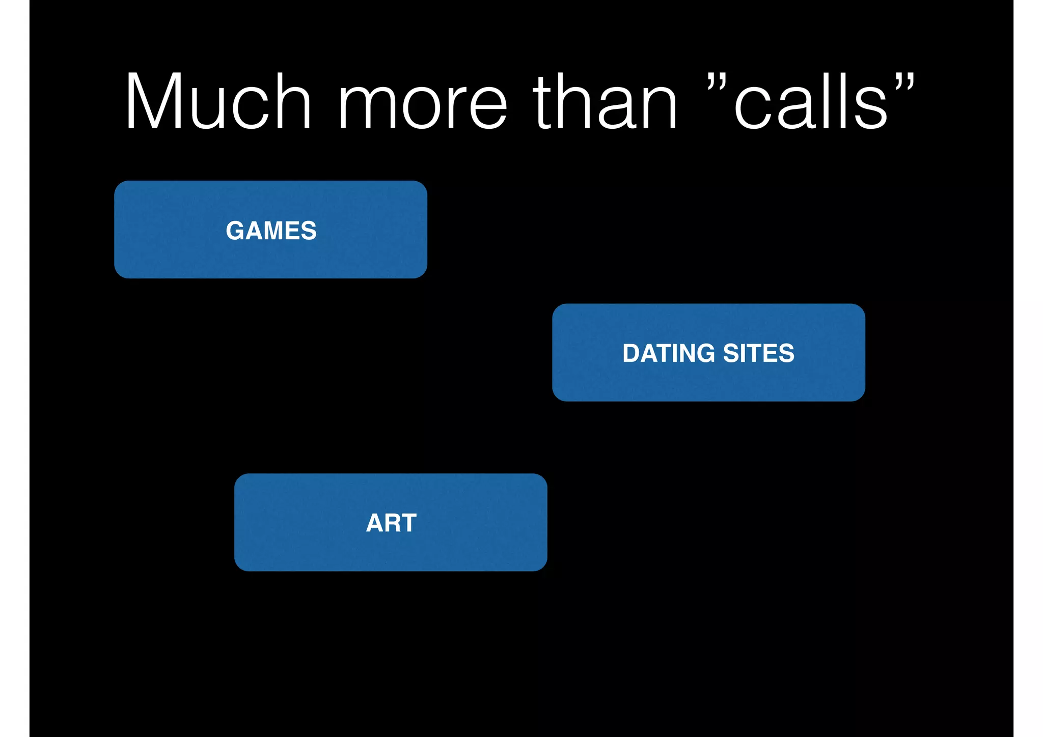 Much more than ”calls”
GAMES
DATING SITES
ART
 