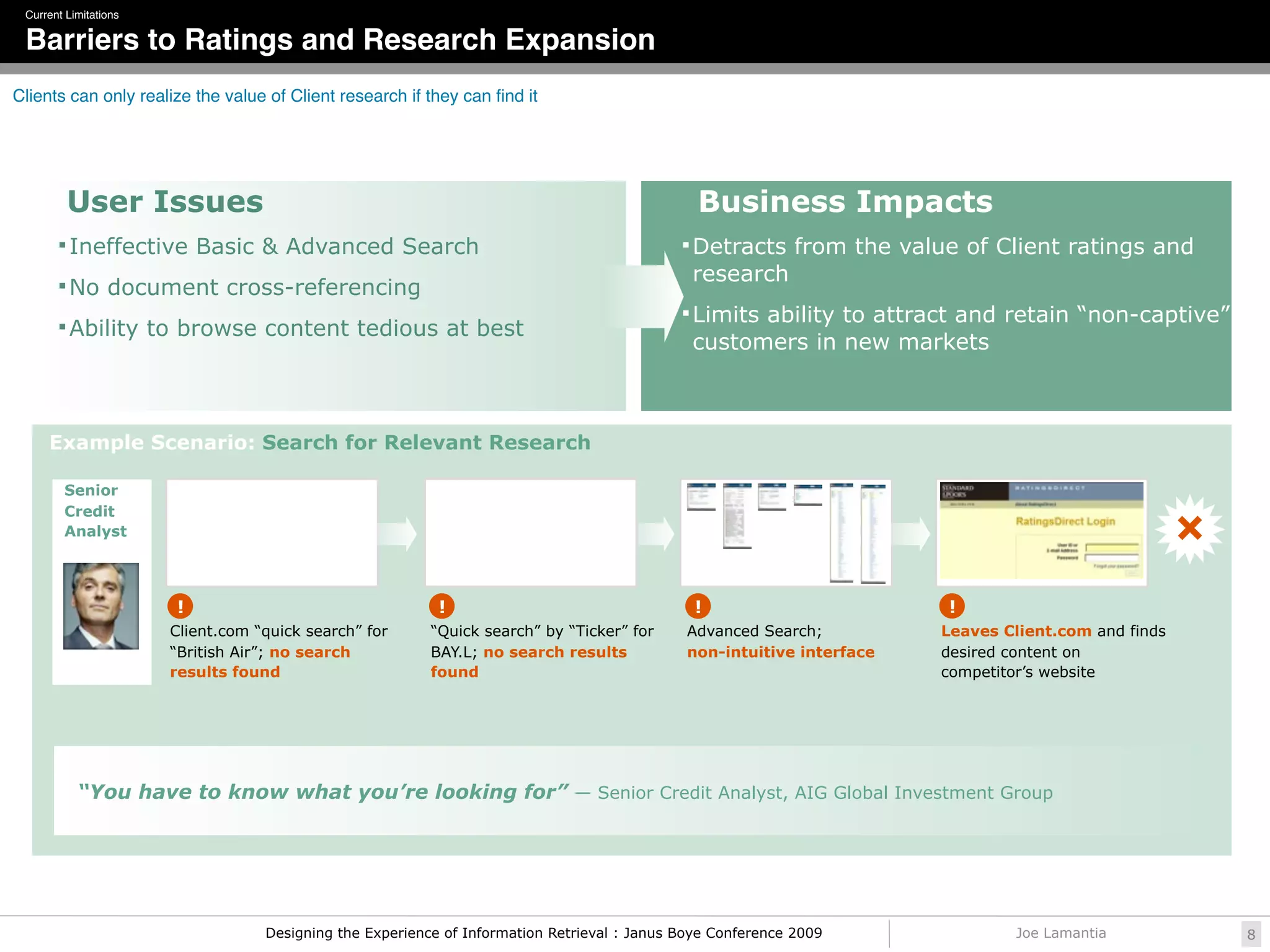 Current Limitations

 Barriers to Ratings and Research Expansion
Clients can only realize the value of Client research if they can ﬁnd it




         User Issues                                                                           Business Impacts
        Ineffective Basic & Advanced Search                                                  Detracts from the value of Client ratings and
                                                                                              research
        No document cross-referencing
                                                                                              Limits ability to attract and retain “non-captive”
        Ability to browse content tedious at best
                                                                                              customers in new markets



     Example Scenario: Search for Relevant Research

        Senior
        Credit
        Analyst




                       !                                   !                                   !                        !
                       Client.com “quick search” for      “Quick search” by “Ticker” for      Advanced Search;          Leaves Client.com and finds
                       “British Air”; no search           BAY.L; no search results            non-intuitive interface   desired content on
                       results found                      found                                                         competitor’s website




           “You have to know what you’re looking for” — Senior Credit Analyst, AIG Global Investment Group




                                   Designing the Experience of Information Retrieval : Janus Boye Conference 2009                Joe Lamantia         8
 
