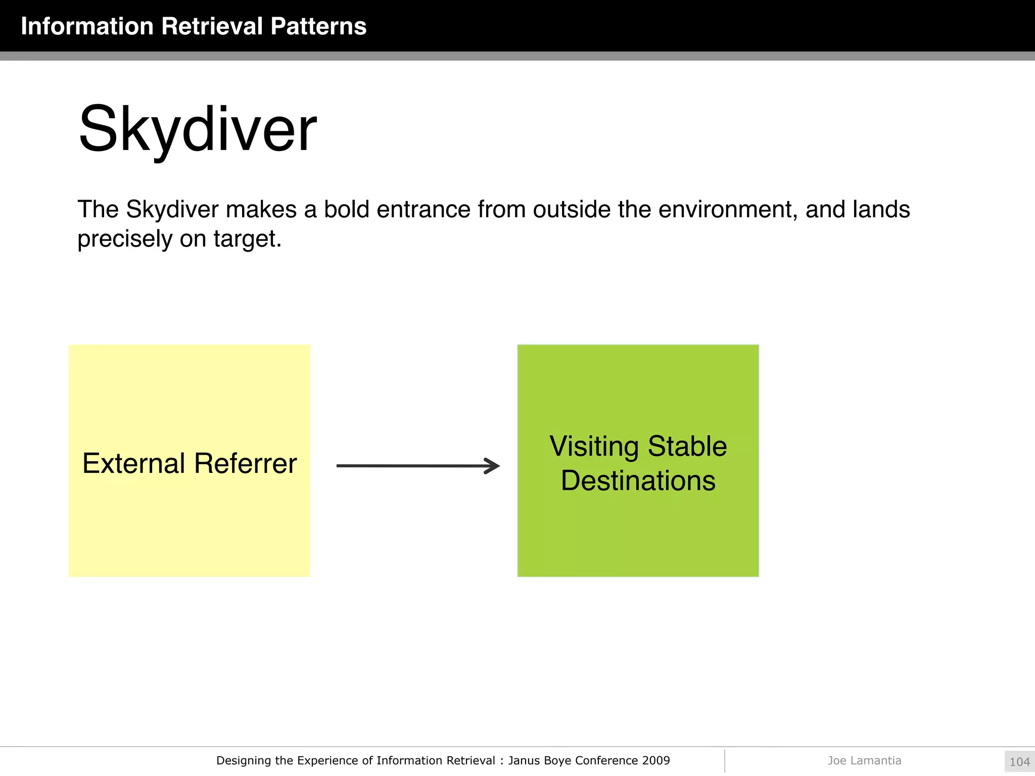 Information Retrieval Patterns



    Skydiver
    The Skydiver makes a bold entrance from outside the environment, and lands
    precisely on target.




                                                                         Visiting Stable
     External Referrer
                                                                          Destinations




                Designing the Experience of Information Retrieval : Janus Boye Conference 2009   Joe Lamantia   104
 