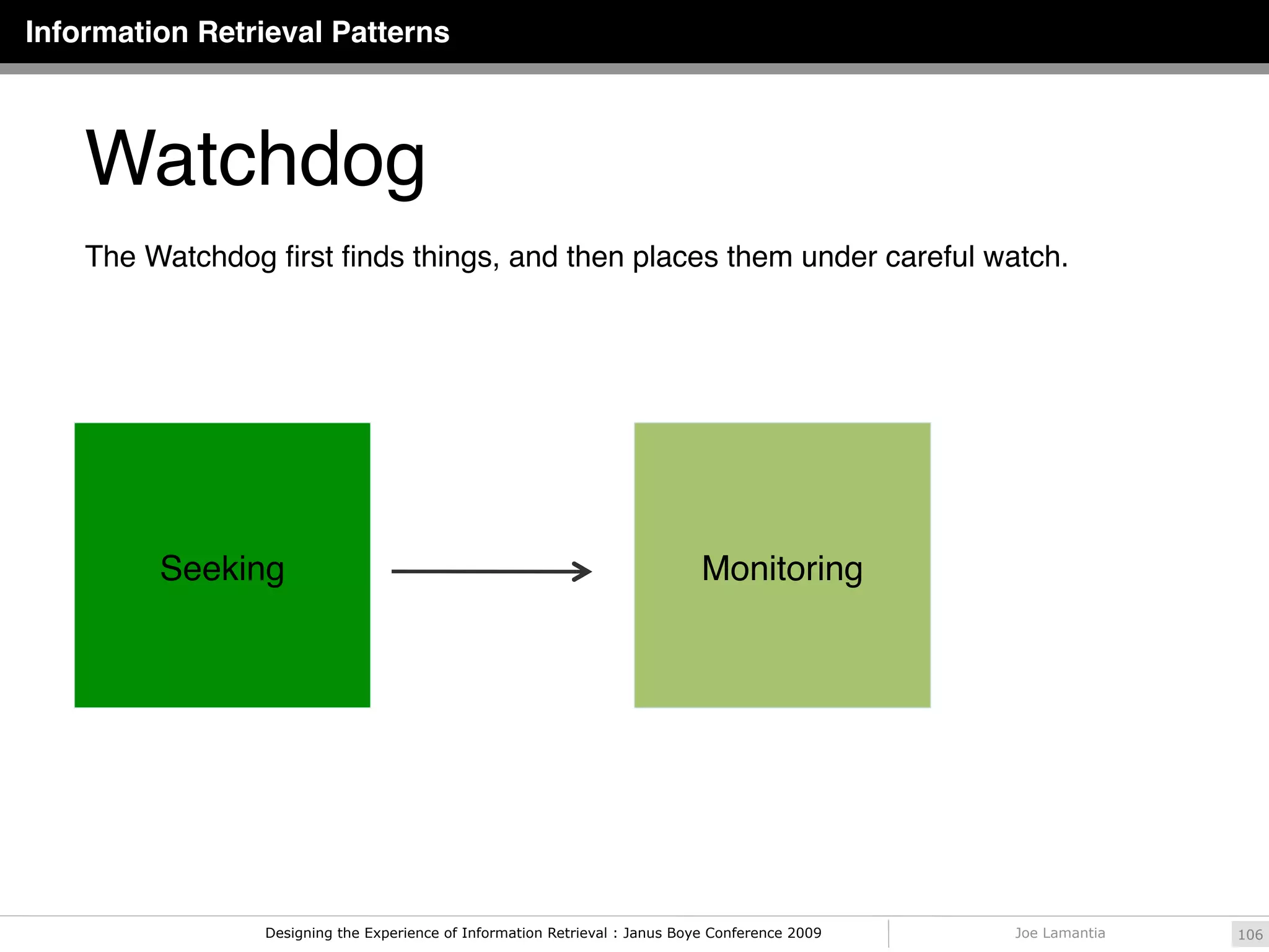 Information Retrieval Patterns



    Watchdog
    The Watchdog ﬁrst ﬁnds things, and then places them under careful watch.




         Seeking                                                              Monitoring




                 Designing the Experience of Information Retrieval : Janus Boye Conference 2009   Joe Lamantia   106
 