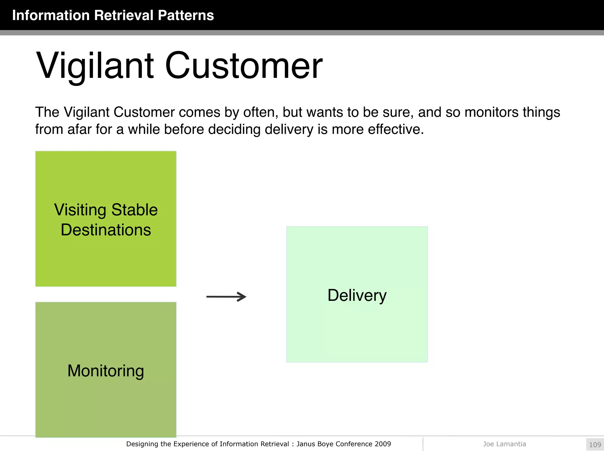 Information Retrieval Patterns



   Vigilant Customer
   The Vigilant Customer comes by often, but wants to be sure, and so monitors things
   from afar for a while before deciding delivery is more effective.




      Visiting Stable
       Destinations


                                                                            Delivery



        Monitoring



                 Designing the Experience of Information Retrieval : Janus Boye Conference 2009   Joe Lamantia   109
 