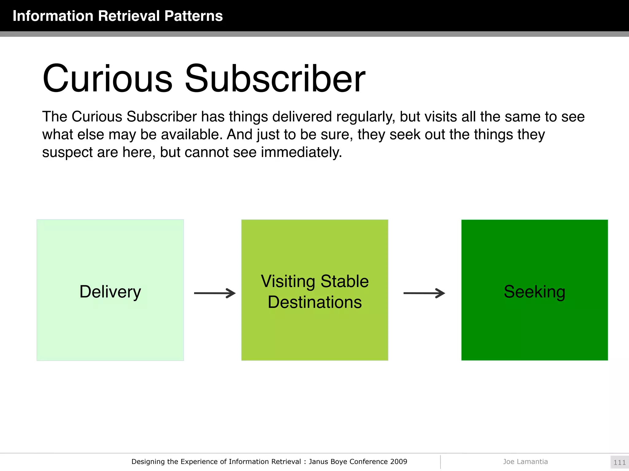 Information Retrieval Patterns



    Curious Subscriber
    The Curious Subscriber has things delivered regularly, but visits all the same to see
    what else may be available. And just to be sure, they seek out the things they
    suspect are here, but cannot see immediately.




                                                     Visiting Stable
         Delivery                                                                                 Seeking
                                                      Destinations




                 Designing the Experience of Information Retrieval : Janus Boye Conference 2009   Joe Lamantia   111
 