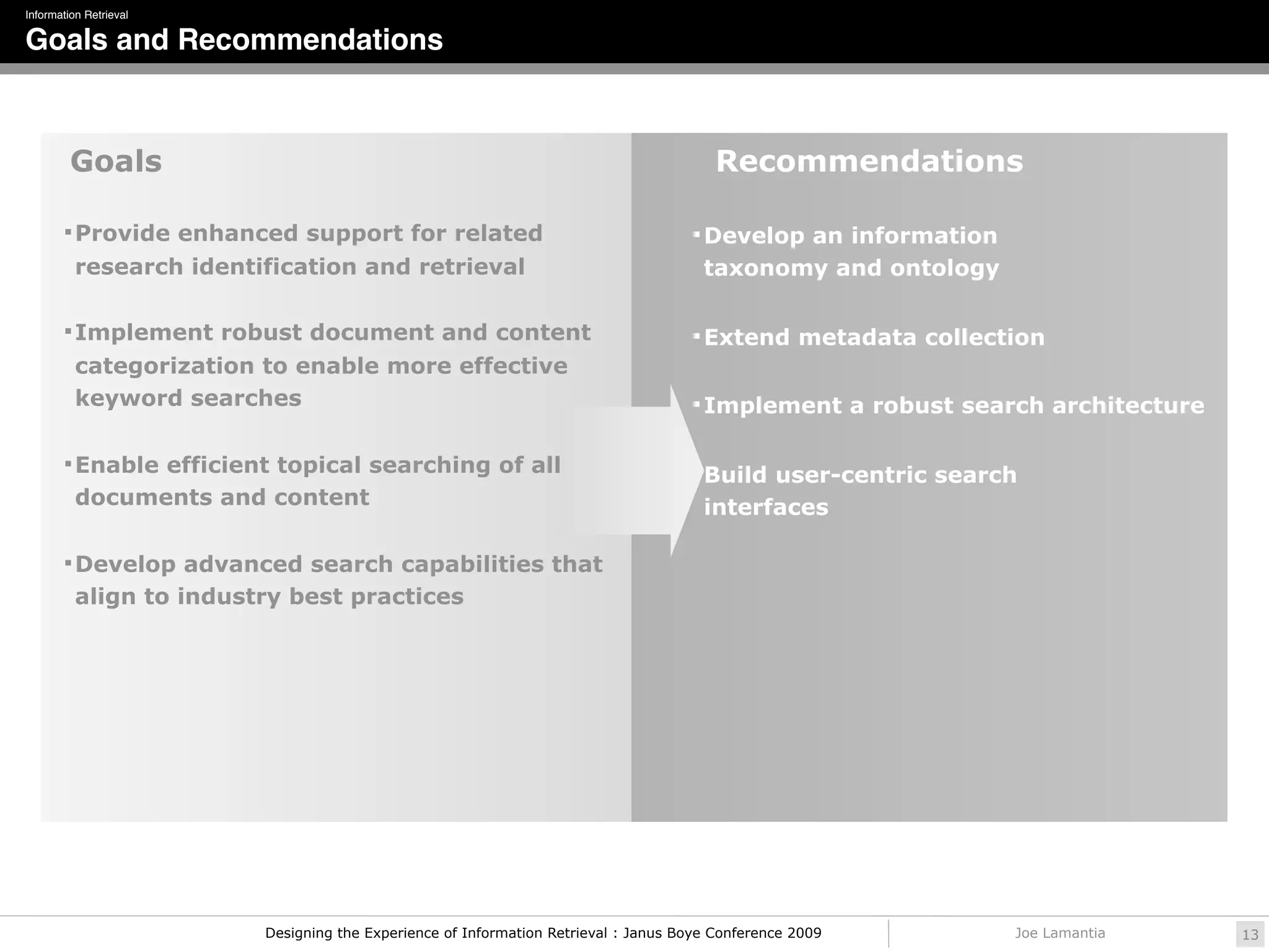 Information Retrieval

Goals and Recommendations



         Goals                                                                          Recommendations

        Provide enhanced support for related                                        Develop an information
          research identification and retrieval                                       taxonomy and ontology

        Implement robust document and content                                       Extend metadata collection
          categorization to enable more effective
          keyword searches                                                           Implement a robust search architecture


        Enable efficient topical searching of all
                                                                                     Build user-centric search
          documents and content                                                       interfaces

        Develop advanced search capabilities that
          align to industry best practices




                         Designing the Experience of Information Retrieval : Janus Boye Conference 2009        Joe Lamantia    13
 