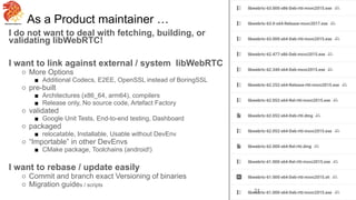 As a Product maintainer …
I do not want to deal with fetching, building, or
validating libWebRTC!
I want to link against external / system libWebRTC
○ More Options
■ Additional Codecs, E2EE, OpenSSL instead of BoringSSL
○ pre-built
■ Architectures (x86_64, arm64), compilers
■ Release only, No source code, Artefact Factory
○ validated
■ Google Unit Tests, End-to-end testing, Dashboard
○ packaged
■ relocatable, Installable, Usable without DevEnv
○ “Importable” in other DevEnvs
■ CMake package, Toolchains (android!)
I want to rebase / update easily
○ Commit and branch exact Versioning of binaries
○ Migration guides / scripts
21
 