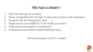 We had a dream !
1. Start with web app for simplicity
2. Reuse JS signalling APi and logic in native app to reduce code duplication
3. Except for JS, No binding (java, obj-C, ….),
4. Single source code (ASM/C/C++) for mobile and native !
5. Professional cross-platform UI framework
6. Professional cross-platform Build/Test/Report tools
And someone gave us QT (+ cmake)!
32
 