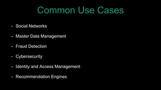 Common Use Cases
• Social Networks
• Master Data Management
• Fraud Detection
• Cybersecurity
• Identity and Access Management
• Recommendation Engines
 