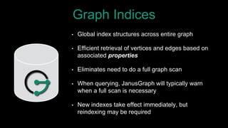 Graph Indices
• Global index structures across entire graph
• Efficient retrieval of vertices and edges based on
associated properties
• Eliminates need to do a full graph scan
• When querying, JanusGraph will typically warn
when a full scan is necessary
• New indexes take effect immediately, but
reindexing may be required
 