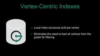 Vertex-Centric Indexes
• Local index structures built per-vertex
• Eliminates the need to load all vertices from the
graph for filtering
 
