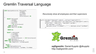 Gremlin Traversal Language
16
Recursively show all employees and their supervisors
sql2gremlin: Daniel Kuppitz @dkuppitz
http://sql2gremlin.com/
 