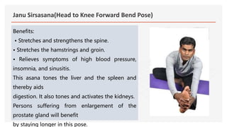 Janu Sirsasana(Head to Knee Forward Bend Pose)
Benefits:
• Stretches and strengthens the spine.
• Stretches the hamstrings and groin.
• Relieves symptoms of high blood pressure,
insomnia, and sinusitis.
This asana tones the liver and the spleen and
thereby aids
digestion. It also tones and activates the kidneys.
Persons suffering from enlargement of the
prostate gland will benefit
by staying longer in this pose.
