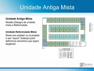 Unidade Antiga Mista
Unidade Antiga Mista
Modelo (Design) de unidade
mista e Reformulado
Unidade Reformulada Mista
Deixe-nos projetar ou re-projetar
o seu “layout” (esboço) para
definirmos tamanhos que sejam
alugáveis.
 