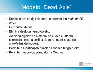 Modelo “Dead Axle”
• Sucesso em design de porta comercial há mais de 30
anos
• Estrutura tubular
• Elimina deslocamento do eixo
• Adiciona rigidez ao sistema de eixo e sustenta
completamente a cortina da porta (sem o uso de
almofadas de isopor):
• Permite a lubrificação eficaz da mola a longo prazo
• Permite mudanças somente na Cortina
 
