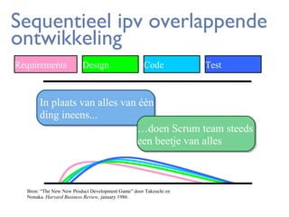 Sequentieel ipv overlappende
ontwikkeling
Requirements

Design

Code

Test

In plaats van alles van één
ding ineens...
…doen Scrum team steeds
een beetje van alles

Bron: “The New New Product Development Game” door Takeuchi en
Nonaka. Harvard Business Review, january 1986.

 