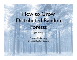 How to Grow
Distributed Random
Forests
JanVitek
Purdue University
on sabbatical at 0xdata
Photo credit: http://foundwalls.com/winter-snow-forest-pine/
 