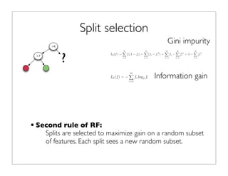 Split selection
•Second rule of RF:
Splits are selected to maximize gain on a random subset
of features. Each split sees a new random subset.
>6
>7
?
Gini impurity
Information gain
 