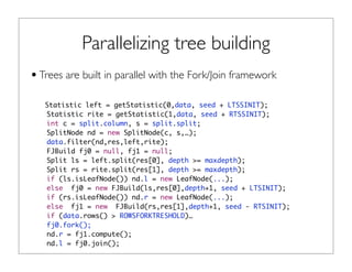 Parallelizing tree building
•Trees are built in parallel with the Fork/Join framework
Statistic left = getStatistic(0,data, seed + LTSSINIT);
Statistic rite = getStatistic(1,data, seed + RTSSINIT);
int c = split.column, s = split.split;
SplitNode nd = new SplitNode(c, s,…);
data.filter(nd,res,left,rite);
FJBuild fj0 = null, fj1 = null;
Split ls = left.split(res[0], depth >= maxdepth);
Split rs = rite.split(res[1], depth >= maxdepth);
if (ls.isLeafNode()) nd.l = new LeafNode(...);
else fj0 = new FJBuild(ls,res[0],depth+1, seed + LTSINIT);
if (rs.isLeafNode()) nd.r = new LeafNode(...);
else fj1 = new FJBuild(rs,res[1],depth+1, seed - RTSINIT);
if (data.rows() > ROWSFORKTRESHOLD)…
fj0.fork();
nd.r = fj1.compute();
nd.l = fj0.join();
 
