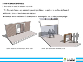 SHORT TERM INTERVENTIONS
2DE-CLUTTERING THE URBAN_PRE-FABRICATED UTILITY BOXES
• Pre-fabricated boxes can replace the existing red boxes on pathways, and can be housed
within the compound walls of adjoining plots
• Incentives would be offered to plot owners in exchange for use of their property edges.
CASE 1 : COMPOUND WALLS ADJOINING PRIVATE PLOTS CASE 2 : OPEN SPACES / WIDE PATHWAYS / PLAZAS
 