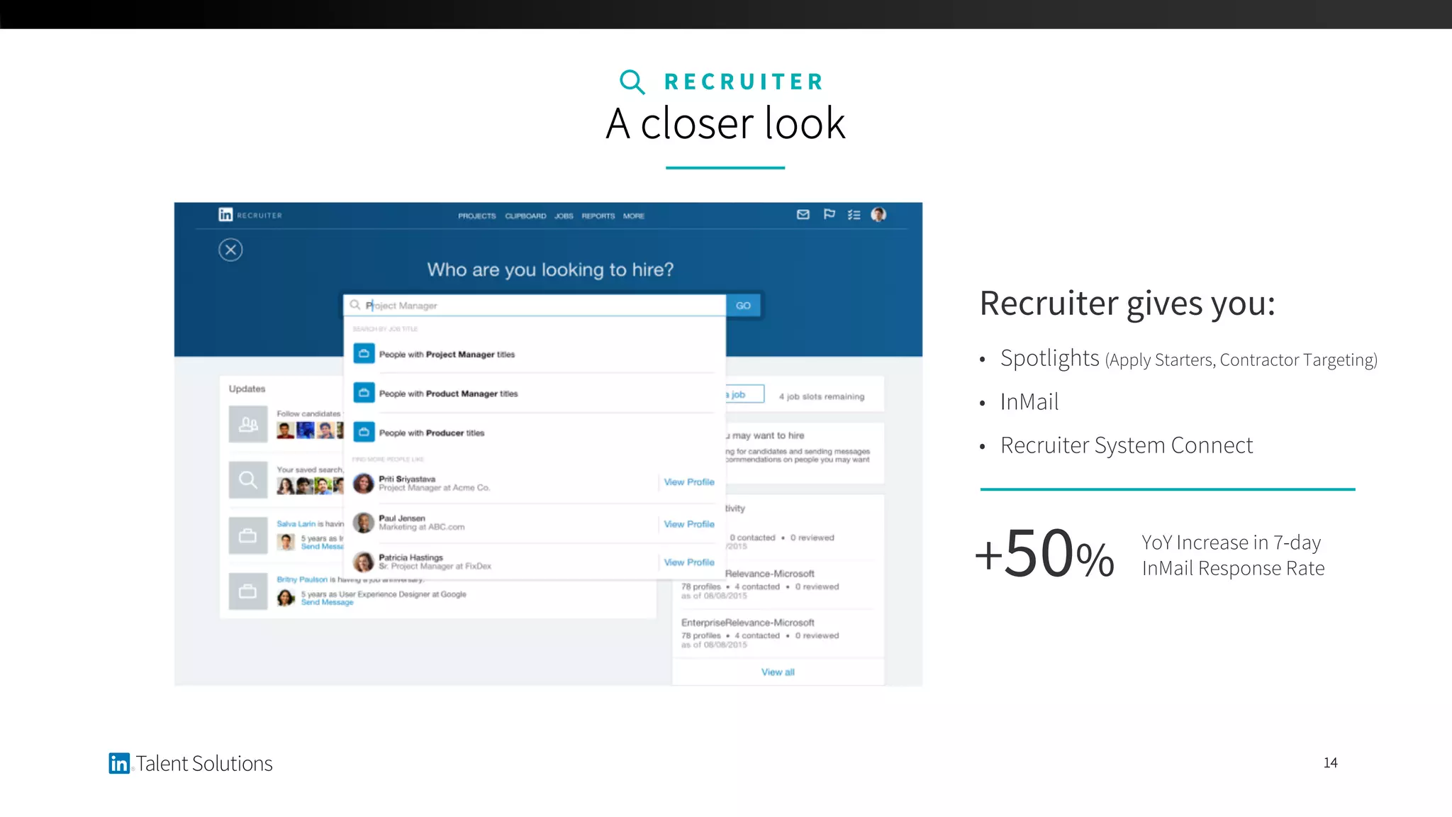 R E C R U I T E R
A closer look
14
Recruiter gives you:
• Spotlights (Apply Starters, Contractor Targeting)
• InMail
• Recruiter System Connect
YoY Increase in 7-day
InMail Response Rate+50%
 