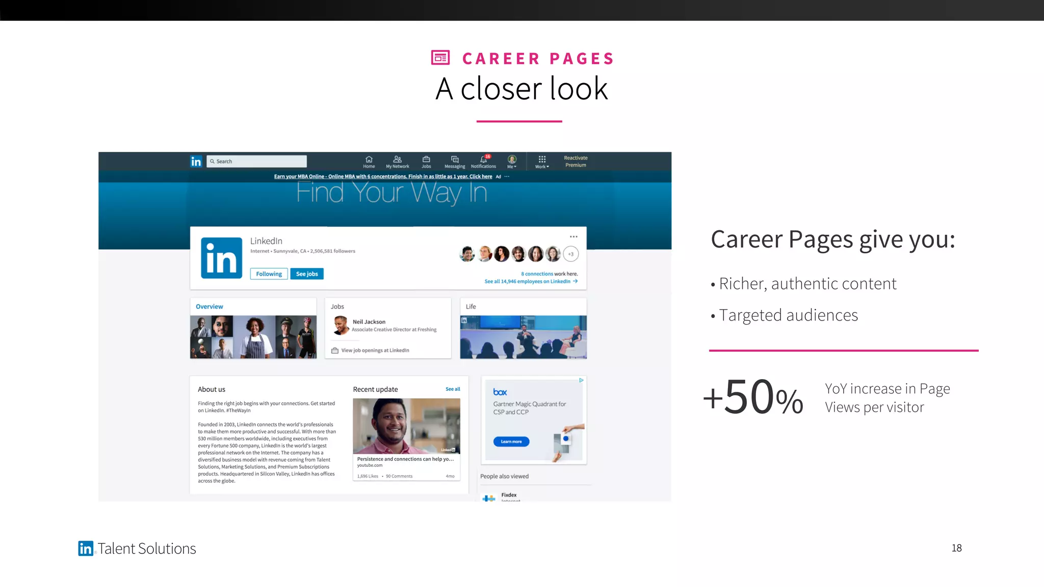 18
Career Pages give you:
• Richer, authentic content
• Targeted audiences
C A R E E R P A G E S
A closer look
YoY increase in Page
Views per visitor+50%
 