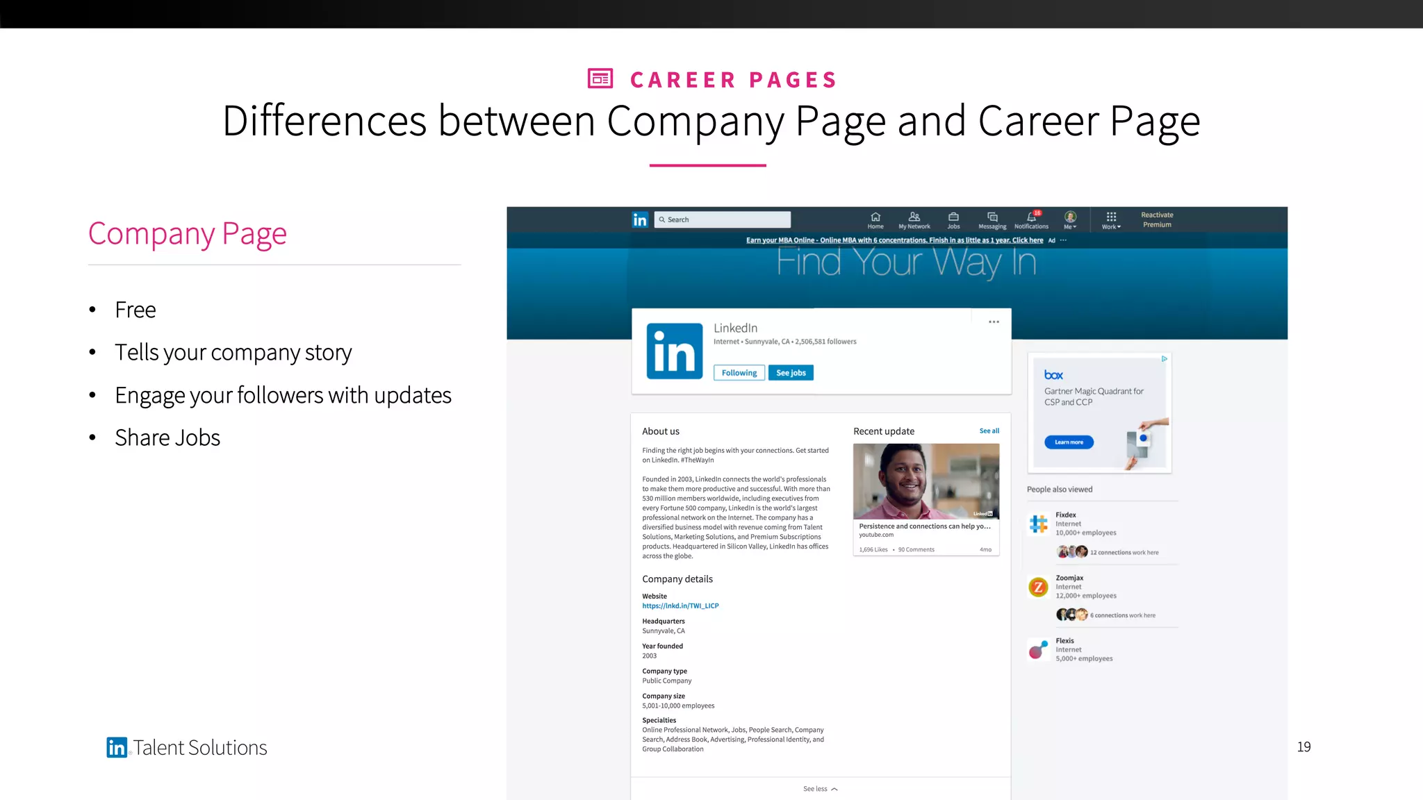 19
Company Page
• Free
• Tells your company story
• Engage your followers with updates
• Share Jobs
C A R E E R P A G E S
Differences between Company Page and Career Page
 