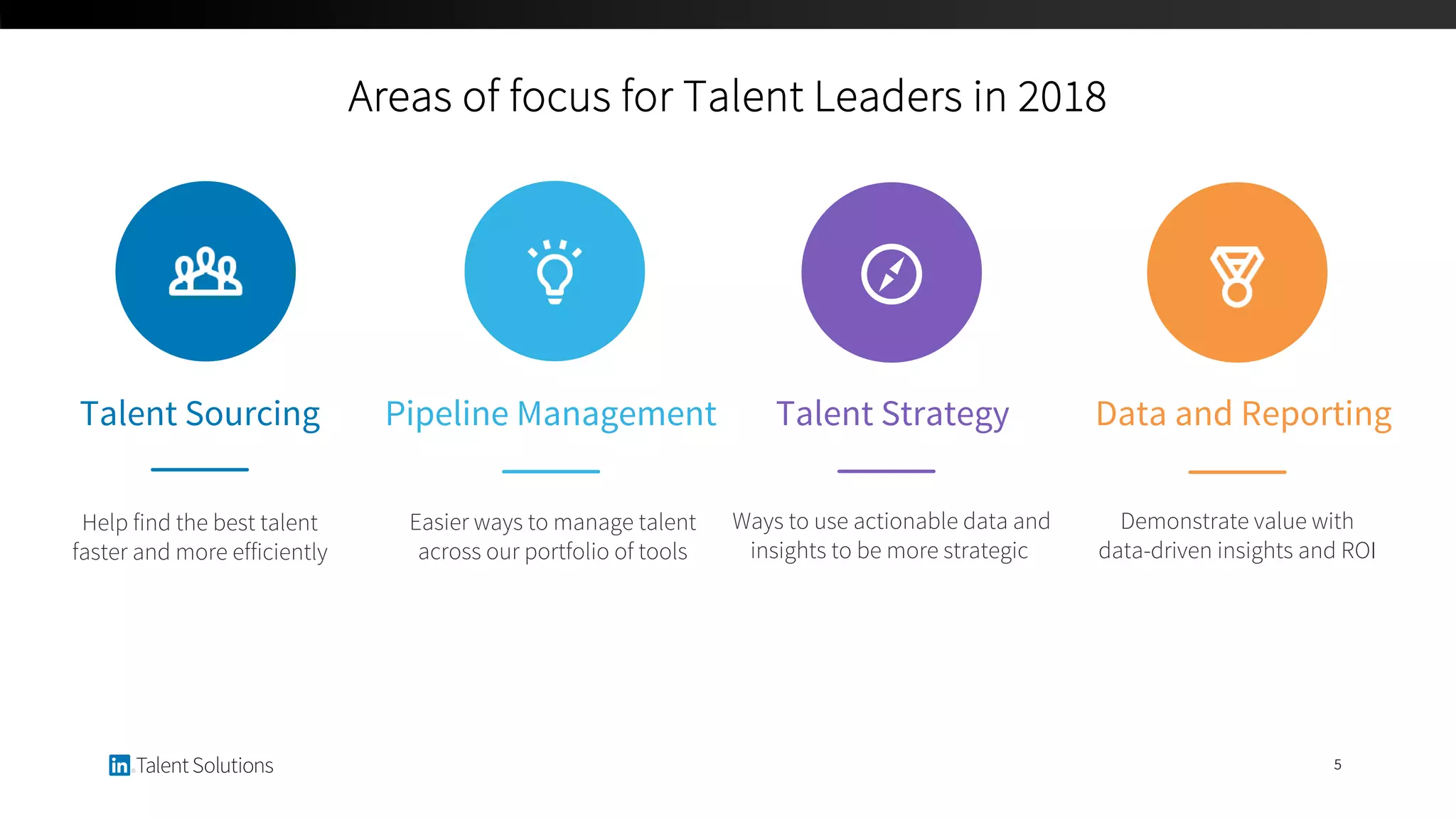 Areas of focus for Talent Leaders in 2018
5
Talent Sourcing
Help find the best talent
faster and more efficiently
Pipeline Management
Easier ways to manage talent
across our portfolio of tools
Data and Reporting
Demonstrate value with
data-driven insights and ROI
Talent Strategy
Ways to use actionable data and
insights to be more strategic
 