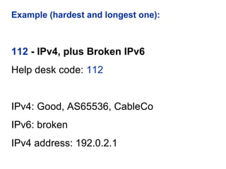 Example (hardest and longest one):
112 - IPv4, plus Broken IPv6
Help desk code: 112
IPv4: Good, AS65536, CableCo
IPv6: broken
IPv4 address: 192.0.2.1
 