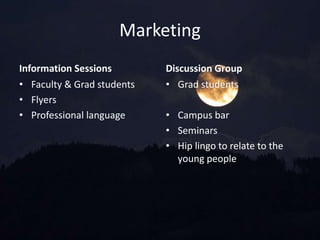 Marketing
Information Sessions
• Faculty & Grad students
• Flyers
• Professional language
Discussion Group
• Grad students
• Campus bar
• Seminars
• Hip lingo to relate to the
young people
 