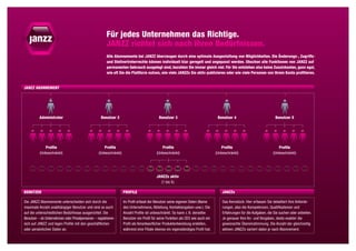 Für jedes Unternehmen das Richtige.
                                                       JANZZ richtet sich nach Ihren Bedürfnissen.
                                                        Alle Abonnemente bei JANZZ überzeugen durch eine optimale Ausgestaltung von Möglichkeiten. Die Änderungs-, Zugriffs-
                                                        und Stellvertreterrechte können individuell klar geregelt und angepasst werden. Obschon alle Funktionen von JANZZ auf
                                                        permanenten Gebrauch ausgelegt sind, bezahlen Sie immer gleich viel. Für Sie entstehen also keine Zusatzkosten, ganz egal,
                                                        wie oft Sie die Plattform nutzen, wie viele JANZZs Sie aktiv publizieren oder wie viele Personen von Ihrem Konto profitieren.


Janzz Abonnement




          Administrator                             Benutzer 2                             Benutzer 3                              Benutzer 4                            Benutzer X




             Profile                                 Profile                                Profile                                  Profile                              Profile
          (Unbeschränkt)                          (Unbeschränkt)                         (Unbeschränkt)                           (Unbeschränkt)                       (Unbeschränkt)




                                                                                         JANZZs aktiv
                                                                                           (1 bis X )

benutzer                                                           profile                                                            janzzs

Die JANZZ Abonnemente unterscheiden sich durch die                 Im Profil erfasst der Benutzer seine eigenen Daten (Name           Das Kernstück: Hier erfassen Sie detailliert Ihre Anforde-
m m
­ axi­ ale Anzahl unabhängiger Benutzer und sind so auch           des Unternehmens, Abteilung, Kontaktangaben usw.). Die             rungen, also die Kompetenzen, Qualifikationen und
auf die unterschiedlichen Bedürfnisse ausgerichtet. Die            A
                                                                   ­ nzahl Profile ist unbeschränkt. So kann z. B. derselbe           Erfahrungen für die Aufgaben, die Sie suchen oder anbieten.
Benutzer – ob Unternehmen oder Privat­ ersonen – registrieren
                                     p                             B
                                                                   ­ enutzer ein Profil für seine Funktion als CEO wie auch ein       Je genauer Ihre An- und Vorgaben, desto exakter die
sich auf JANZZ und legen Profile mit den geschäft­ichen
                                                   l               Profil als Verantwortlicher Produktentwicklung erstellen,          gewünschte Übereinstimmung. Die Anzahl der gleichzeitig
oder persönlichen Daten an.                                        während eine Filiale ebenso ein eigenständiges Profil hat.         aktiven JANZZs variiert dabei je nach Abonnement.
 