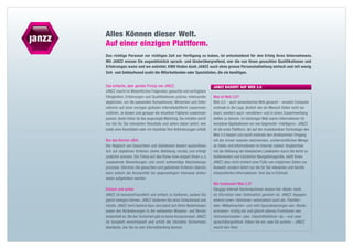 Alles Können dieser Welt.
Auf einer einzigen Plattform.
Das richtige Personal zur richtigen Zeit zur Verfügung zu haben, ist entscheidend für den Erfolg Ihres Unternehmens.
Mit JANZZ wissen Sie augenblicklich sprach- und länderübergreifend, wer die von Ihnen gesuchten Qualifikationen und
Erfahrungen wann und wo anbietet. KMU finden dank JANZZ auch ohne grosse Personalabteilung einfach und mit wenig
Zeit- und Geldaufwand exakt die Mitarbeitenden oder Spezialisten, die sie benötigen.
­­


Das einfache, aber geniale Prinzip von JANZZ.                          JANZZ basiert auf Web 3.0
JANZZ macht im Wesentlichen Folgendes: gesuchte und verfügbare
Fähigkeiten, Erfahrungen und Qualifikationen präzise mit­ inander
                                                           e           Was ist Web 3.0?
a
­ bgleichen, um die passenden Kompetenzen, Menschen und Unter-         Web 3.0 – auch semantisches Web genannt – versetzt ­ omputer
                                                                                                                                 C
nehmen auf einer einzigen globalen Internetplattform zusammen­         erstmals in die Lage, ähnlich wie ein Mensch Daten nicht nur
zuführen. Je besser und genauer die einzelnen Faktoren zusammen-       l
                                                                       ­esen, sondern auch «verstehen» und in einen ­ usammenhang
                                                                                                                          Z
passen, desto höher ist das angezeigte Matching. Sie erhalten somit    stellen zu können. Im bisherigen Web waren Informationen für
nur die für Sie relevanten Resultate und sehen dabei sofort, wie       komplexe Applikationen nur von begrenzter «Intelligenz». JANZZ
­ xakt eine Kandidatin oder ein Kandidat Ihre Anforderungen erfüllt.
e                                                                      ist die erste Plattform, die auf der ­ evolutionären Techno­ogie des
                                                                                                            r                     l
                                                                       Web 3.0 basiert und somit ­ rstmals den strukturierten Umgang
                                                                                                    e
Nur das Können zählt.                                                  mit der immer rasanter wachsenden, unübersichtlichen Menge
Der Abgleich von Gesuchtem und Gebotenem basiert ausschliess-          an Daten und Informationen im Internet zulässt. Vergleichbar
lich auf objektiven Kriterien (siehe Abbildung rechts) und erfolgt     mit der Ablösung der klassischen Landkarten durch die leicht zu
zunächst anonym. Der Fokus auf das Know-how erspart Ihnen u. a.        b
                                                                       ­ edienenden und nützlichen Navigationsgeräte, stellt Ihnen
unpassende Bewerbungen und somit aufwendige Bearbeitungs-              JANZZ also nicht ­ infach eine Fülle von möglichen Daten zur
                                                                                            e
prozesse. Stimmen die gesuchten und gebotenen Kriterien überein,       Auswahl, sondern liefert nur die für Sie relevanten und bereits
kann jedoch die Anonymität bei gegenseitigem Interesse stufen-         i
                                                                       ­nterpretierten ­nformationen. Und das in Echtzeit.
                                                                                        I
weise aufgehoben werden.
                                                                       Wie funktioniert Web 3.0?
Einfach und sicher.                                                    Gängige Internet-Suchmaschinen wissen bei «Bank» nicht,
JANZZ ist benutzerfreundlich und einfach zu bedienen, sodass Sie       ob Sitzmöbel oder Geldinstitut gemeint ist. JANZZ dagegen
gleich loslegen können. JANZZ bedienen Sie ohne Zeitaufwand und        erkennt einen «Schreiner» automatisch auch als «Tischler»
intuitiv. JANZZ lernt laufend dazu und passt sich Ihren Bedürfnissen   oder «Möbelmacher» und reiht Spezialisierungen wie «Boots-
sowie den Veränderungen in der weltweiten Wissens- und Berufs-         schreiner» richtig ein und gleicht ebenso Funktionen wie
landschaft an. Bei der Sicherheit gibt es keine Kompromisse: JANZZ     «Schreinermeister» oder «Geschäftsführer» ab – und zwar
ist komplett verschlüsselt und erfüllt die höchsten Sicherheits­       sprachübergreifend. Geben Sie ein, was Sie suchen – JANZZ
standards, wie Sie es vom Internetbanking kennen.                      macht den Rest.
 