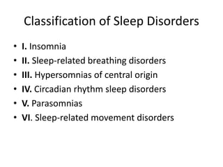 Classification of Sleep Disorders
• I. Insomnia
• II. Sleep-related breathing disorders
• III. Hypersomnias of central origin
• IV. Circadian rhythm sleep disorders
• V. Parasomnias
• VI. Sleep-related movement disorders
 