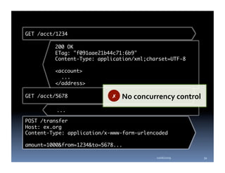 GET /acct/1234	

         200 OK	
         ETag: "f091aae21b44c71:6b9" 	
         Content-Type: application/xml;charset=UTF-8	

         <account>	
           ...	
         </address>	

GET /acct/5678	             ✗    No concurrency control 
          ...	

POST /transfer	
Host: ex.org	
Content-Type: application/x-www-form-urlencoded	

amount=1000&from=1234&to=5678...	

                                           10/06/2009      34 
 