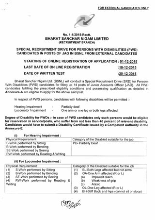 BSNL recruitment for PWDs 2015