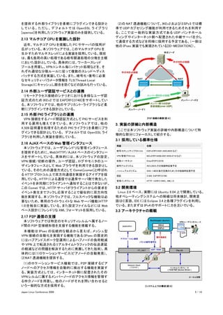 を提供する外部ライブラリを柔軟にプラグインできる設計と                         　(2)の NAT 透過機能について、IKEv2 および ESPv3 では標
し て い る 。 た だ し 、 デ フ ォ ル ト で は OpenSSL ラ イ ブ ラ リ   準で UDP カプセリング機能が利用できるためそれを利用す
[openssl]を利用したソフトウェア実装のみを提供している。                    る。ここでは一般的な実装方式である UDP パンチホール
                                                    ディングやインターネット側へ配置された中継サーバを介し
2.13 マルチコア CPU を意識した設計
                                                    て通信する方式などを同様に採用する予定である。（一部は
　近年、マルチコア CPU を搭載した PC やサーバの採用が                     他の IPsec 実装でも実現されている[ID-MEDIATION]）。
広がっている。本ソフトウェアでは、このマルチコア CPU を
生かすためマルチスレッドによる実装を採用している。現状
は、最も負荷の高い処理である暗号関連処理の分散を主眼
においた設計としている。具体的には、ワーカースレッド
プールを用意し、VPN トンネル毎にパケット処理などを、そ
れぞれ適切な分散ルールに従って複数のスレッドへディス
パッチする方式を実装している。また、暗号化・復号に必要
なセキュリティ・パラメータ情報を TLS(Thread Local
Storage)にキャッシュし競合を防ぐなどの試みも行っている。
2.14 外部ユーザ認証サービスとの連携
　リモートアクセス接続のシナリオにおける多様なユーザ認
証方式のため IKEv2 では EAP[RFC3748]をサポートしてい
る。本ソフトウェアでは、他のサプリカント・ライブラリなど柔
軟にプラグインできる設計としている。
2.15 外部 PKI ライブラリとの連携
                                                                       [P2P 接続の概要(図 4)]
　VPN 接続をするノード間認証方式として PKI サービスを利
用 する 運 用 も増 えてき ている 。 本 ソフトウ ェ ア では、 他 の            3. 実装の詳細と内部構造
X.509 証明書を処理するための PKI ライブラリを柔軟にプラ
                                                    　ここでは本ソフトウェア実装の詳細や内部構造について特
グインできる設計としている。 デフォルトでは OpenSSL ライ
                                                    徴的な部分にフォーカスして紹介する。
ブラリを利用した実装を提供している。
                                                    3.1 採用している標準仕様
2.16 AJAX ベースの Web 管理インタフェース
                                                    用途                仕様
　本ソフトウェアでは、ユーザフレンドリな管理インタフェース
                                                    暗号(セキュリティ)プロトコル   ESPv3(RFC4301,4303,4835 など)
を提供するために、Web(HTTP)/AJAX ベースのインタフェー
                                                    VPN 管理プロトコル       IKEv2(RFC4306,4307,4555,4718 など)
スをサポートしている。具体的には、本ソフトウェアの設定、
VPN 接続/切断の操作、ユーザ認証、ログやモニタのユー                        仮想イーサネット          EtherIP(RFC3378)

ザインタフェースとして Web ブラウザを利用できる設計とし                      暗号アルゴリズム          AES,3DES,その他随時拡張予定

ている。そのための通信方式として Comet[comet]と呼ばれ                   ハッシュアルゴリズム        SHA-1,MD5(後方互換のため),その他随時拡張予定
る HTTP プロトコル上で双方向通信を実現するアイデアを採                      認証                X.509, EAP(RFC3748)
用している。HTTP による通信では通常サーバ側で発生した                       管理インタフェース         HTTP 1.0(RFC1945)、XML1.0
イベントを非同期にクライアントへ通知することはできないが、
この Comet では、HTTP サーバがクライアントからの要求を                   3.2 開発環境
イベント発生までフックし応答することで擬似的に双方向性                         　Linux 2.6 ベース、実際には Ubuntu 9.04 上で開発している。
能を実現する。本ソフトウェアでは、フルスペックな機能は必                        他オペレーティングシステムへの移植は将来検討。開発言
要ないため、専用のライトウェイトな Web サーバ機能(HTTP                    語はＣ言語、IDE には Eclipse 3.4 と各種プラグインを利用し
1.0)を独自に実装している。また設定ファイルなどには Web                     ている。またまずは IPv4 のサポートに力を注いでいる。
ベース設計にフレンドリな XML フォーマットを採用している。                     3.3 アーキテクチャの概観
2.17 P2P 通信の支援
　本ソフトウェアでは特定のセキュリティレルムへ属するノー
ド間の P2P 型接続形態を支援する機能を搭載する。
　本機能は IPsec の伝統的な観点から言えば、メッシュ型
VPN 接続の自動化を実現する機能である (IPsec の歴史的
にはハブアンドスポーク型運用によるハブノードの負荷軽減
や VPN 上で転送されるリアルタイムトラフィックの伝送遅延
の軽減などの問題を解決するために発展してきた技術)。具
体的には(1)ロケーションサービス(ピアノードの自動発見)、
(2)NAT 透過機能を提供する。
　(1)のロケーションサービス機能では、 P2P 接続するピア
ノードへのアクセス情報を自動的に検出する機能を実装す
る。実装方式としては、インターネット側に配置されたその
VPN レルムに属するメンバーノードのアクセス情報を管理す
る仲介ノードを用意し、他のノードがそれを問い合わせると
いう一般的な方式を採用する。                                                        [システム上での構成(図 5)]

Japan Linux Conference 2009                                                                              5 / 10
 