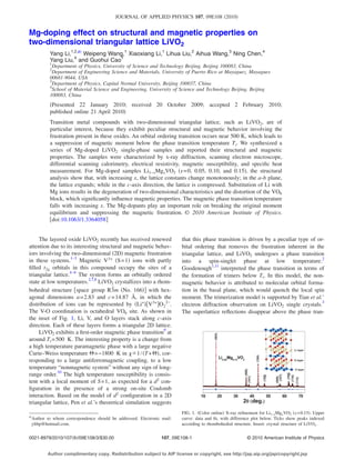 Mg-doping effect on structural and magnetic properties on
two-dimensional triangular lattice LiVO2
Yang Li,1,2,a͒
Weipeng Wang,1
Xiaoxiang Li,1
Lihua Liu,2
Aihua Wang,3
Ning Chen,4
Yang Liu,4
and Guohui Cao1
1
Department of Physics, University of Science and Technology Beijing, Beijing 100083, China
2
Department of Engineering Science and Materials, University of Puerto Rico at Mayaguez, Mayagues
00681-9044, USA
3
Department of Physics, Capital Normal University, Beijing 100037, China
4
School of Material Science and Engineering, University of Science and Technology Beijing, Beijing
100083, China
͑Presented 22 January 2010; received 20 October 2009; accepted 2 February 2010;
published online 21 April 2010͒
Transition metal compounds with two-dimensional triangular lattice, such as LiVO2, are of
particular interest, because they exhibit peculiar structural and magnetic behavior involving the
frustration present in these oxides. An orbital ordering transition occurs near 500 K, which leads to
a suppression of magnetic moment below the phase transition temperature Tt. We synthesized a
series of Mg-doped LiVO2 single-phase samples and reported their structural and magnetic
properties. The samples were characterized by x-ray diffraction, scanning electron microscope,
differential scanning calorimetry, electrical resistivity, magnetic susceptibility, and speciﬁc heat
measurement. For Mg-doped samples Li1−xMgxVO2 ͑x=0, 0.05, 0.10, and 0.15͒, the structural
analysis show that, with increasing x, the lattice constants change monotonously; in the a-b plane,
the lattice expands; while in the c-axis direction, the lattice is compressed. Substitution of Li with
Mg ions results in the degeneration of two-dimensional characteristics and the distortion of the VO6
block, which signiﬁcantly inﬂuence magnetic properties. The magnetic phase transition temperature
falls with increasing x. The Mg-dopants play an important role on breaking the original moment
equilibrium and suppressing the magnetic frustration. © 2010 American Institute of Physics.
͓doi:10.1063/1.3364058͔
The layered oxide LiVO2 recently has received renewed
attention due to its interesting structural and magnetic behav-
iors involving the two-dimensional ͑2D͒ magnetic frustration
in these systems.1–3
Magnetic V3+
͑S=1͒ ions with partly
ﬁlled t2g orbitals in this compound occupy the sites of a
triangular lattice.4–6
The system forms an orbitally ordered
state at low temperatures.2,7,8
LiVO2 crystallizes into a rhom-
bohedral structure ͓space group R3¯m ͑No. 166͔͒ with hex-
agonal dimensions a=2.83 and c=14.87 Å, in which the
distribution of ions can be represented by ͑Li+
͓͒V3+
͔O2
2−
.
The V-O coordination is octahedral VO6 site. As shown in
the inset of Fig. 1, Li, V, and O layers stack along c-axis
direction. Each of these layers forms a triangular 2D lattice.
LiVO2 exhibits a ﬁrst-order magnetic phase transition9
at
around Tt=500 K. The interesting property is a change from
a high temperature paramagnetic phase with a large negative
Curie–Weiss temperature ⌰=−1800 K in ␹ϰ1/͑T+⌰͒, cor-
responding to a large antiferromagnetic coupling, to a low
temperature “nonmagnetic system” without any sign of long-
range order.10
The high temperature susceptibility is consis-
tent with a local moment of S=1, as expected for a d2
con-
ﬁguration in the presence of a strong on-site Coulomb
interaction. Based on the model of d2
conﬁguration in a 2D
triangular lattice, Pen et al.’s theoretical simulation suggests
that this phase transition is driven by a peculiar type of or-
bital ordering that removes the frustration inherent in the
triangular lattice, and LiVO2 undergoes a phase transition
into a spin-singlet phase at low temperature.2
Goodenough1,11
interpreted the phase transition in terms of
the formation of trimers below Tt. In this model, the non-
magnetic behavior is attributed to molecular orbital forma-
tion in the basal plane, which would quench the local spin
moment. The trimerization model is supported by Tian et al.’
electron diffraction observation on LiVO2 single crystals.3
The superlattice reﬂections disappear above the phase tran-
a͒
Author to whom correspondence should be addressed. Electronic mail:
ylibp@hotmail.com.
10 20 30 40 50 60 70
(113)
(110)
(108)
(107)
(009)
(105)
(101)
(104)
(006)
2θθ ((deg.))
Li0.85
Mg0.15
VO2
(003)
O layer
Li layer
V layer
FIG. 1. ͑Color online͒ X-ray reﬁnement for Li1−xMgxVO2 ͑x=0.15͒. Upper
curve: data and ﬁt, with difference plot below. Ticks show peaks indexed
according to rhombohedral structure. Insert: crystal structure of LiVO2.
JOURNAL OF APPLIED PHYSICS 107, 09E108 ͑2010͒
0021-8979/2010/107͑9͒/09E108/3/$30.00 © 2010 American Institute of Physics107, 09E108-1
Author complimentary copy. Redistribution subject to AIP license or copyright, see http://jap.aip.org/jap/copyright.jsp
 