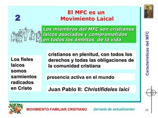 El MFC es un  Movimiento Laical Los fieles  laicos  somos  sarmientos  radicados  en Cristo   Los miembros del MFC son cristianos laicos asociados y comprometidos en todos los ámbitos  de la vida 2 Jornada de actualización MOVIMIENTO FAMILIAR CRISTIANO cristianos en plenitud, con todos los derechos y todas las obligaciones de la comunidad cristiana  Juan Pablo II:  Christifideles laici   presencia activa en el mundo   Características del MFC 
