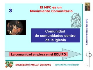 El MFC es un  Movimiento Comunitario Comunidad  de comunidades dentro  de la Iglesia 3 Jornada de actualización MOVIMIENTO FAMILIAR CRISTIANO La comunidad empieza en el EQUIPO Características del MFC 