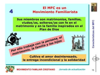 El MFC es un  Movimiento Familiarista Sus miembros son matrimonios, familias, viudos/as, solteros/as con fe en el matrimonio y en la familia inspirados en el Plan de Dios Por ello trabaja con la persona, el matrimonio, la familia y los hijos   Cultiva el amor desinteresado,  la entrega incondicional y la solidaridad 4 Jornada de actualización MOVIMIENTO FAMILIAR CRISTIANO Características del MFC 