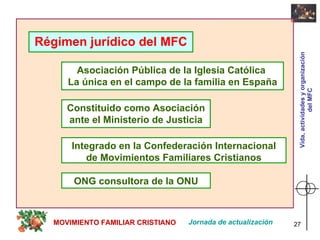 Régimen jurídico del MFC Constituido como Asociación ante el Ministerio de Justicia Asociación Pública de la Iglesia Católica  La única en el campo de la familia en España Integrado en la Confederación Internacional de Movimientos Familiares Cristianos ONG consultora de la ONU Jornada de actualización MOVIMIENTO FAMILIAR CRISTIANO Vida, actividades y organización del MFC 
