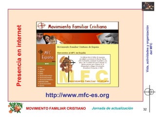 Presencia en internet Jornada de actualización MOVIMIENTO FAMILIAR CRISTIANO http://www.mfc-es.org Vida, actividades y organización del MFC 