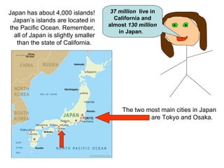 37 million   live in California and   almost   130 million   in Japan .  Japan has about 4,000 islands! Japan’s islands are located in the Pacific Ocean. Remember, all of Japan is slightly smaller than the state of California.  The two most main cities in Japan are Tokyo and Osaka.  