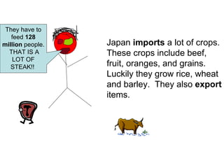 Japan  imports  a lot of crops. These crops include beef, fruit, oranges, and grains.  Luckily they grow rice, wheat and barley.  They also  export  items. They have to feed  128 million  people.  THAT IS A LOT OF STEAK!!  