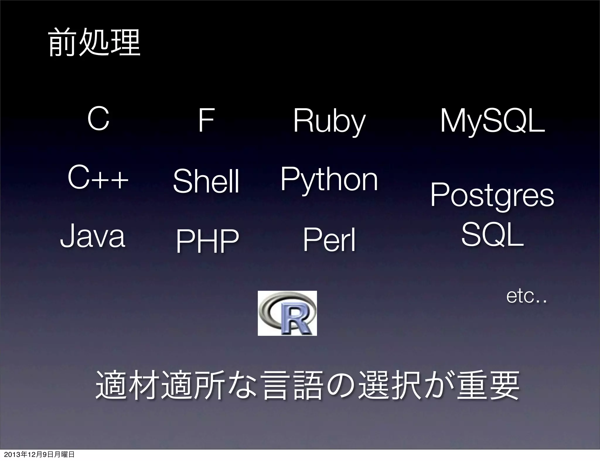 前処理

C

F

Ruby

MySQL

C++

Shell

Python

Java

PHP

Perl

Postgres
SQL
etc‥

適材適所な言語の選択が重要
2013年12月9日月曜日

 