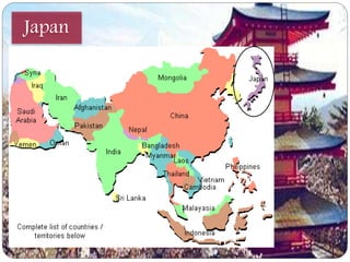 Japan 
 is an island nation in East Asia. 
 The characters that make up Japan’s 
name mean "sun-origin", which is 
why Japan is often referred to as the 
Land of the Rising Sun. 
 Japan has a total of 6,852 islands . 
The four largest islands are Honshu, 
Hokkaido, Kyushu, and Shikoku. 
 
