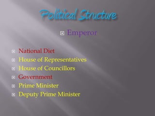  Emperor
 National Diet
 House of Representatives
 House of Councillors
 Government
 Prime Minister
 Deputy Prime Minister
 