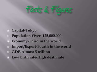  Capital-Tokyo
 Population-Over 125,000,000
 Economy-Third in the world
 Import/Export-Fourth in the world
 GDP-Almost 5 trillion
 Low birth rate/High death rate
 