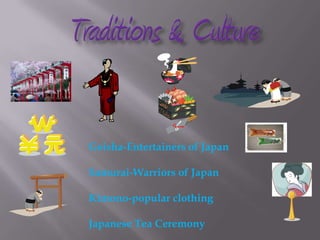 Geisha-Entertainers of Japan
Samurai-Warriors of Japan
Kimono-popular clothing
Japanese Tea Ceremony
 