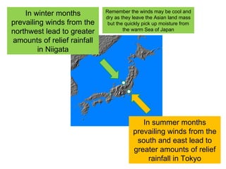 In summer months prevailing winds from the south and east lead to greater amounts of relief rainfall in Tokyo In winter months prevailing winds from the northwest lead to greater amounts of relief rainfall in Niigata Remember the winds may be cool and dry as they leave the Asian land mass but the quickly pick up moisture from the warm Sea of Japan 